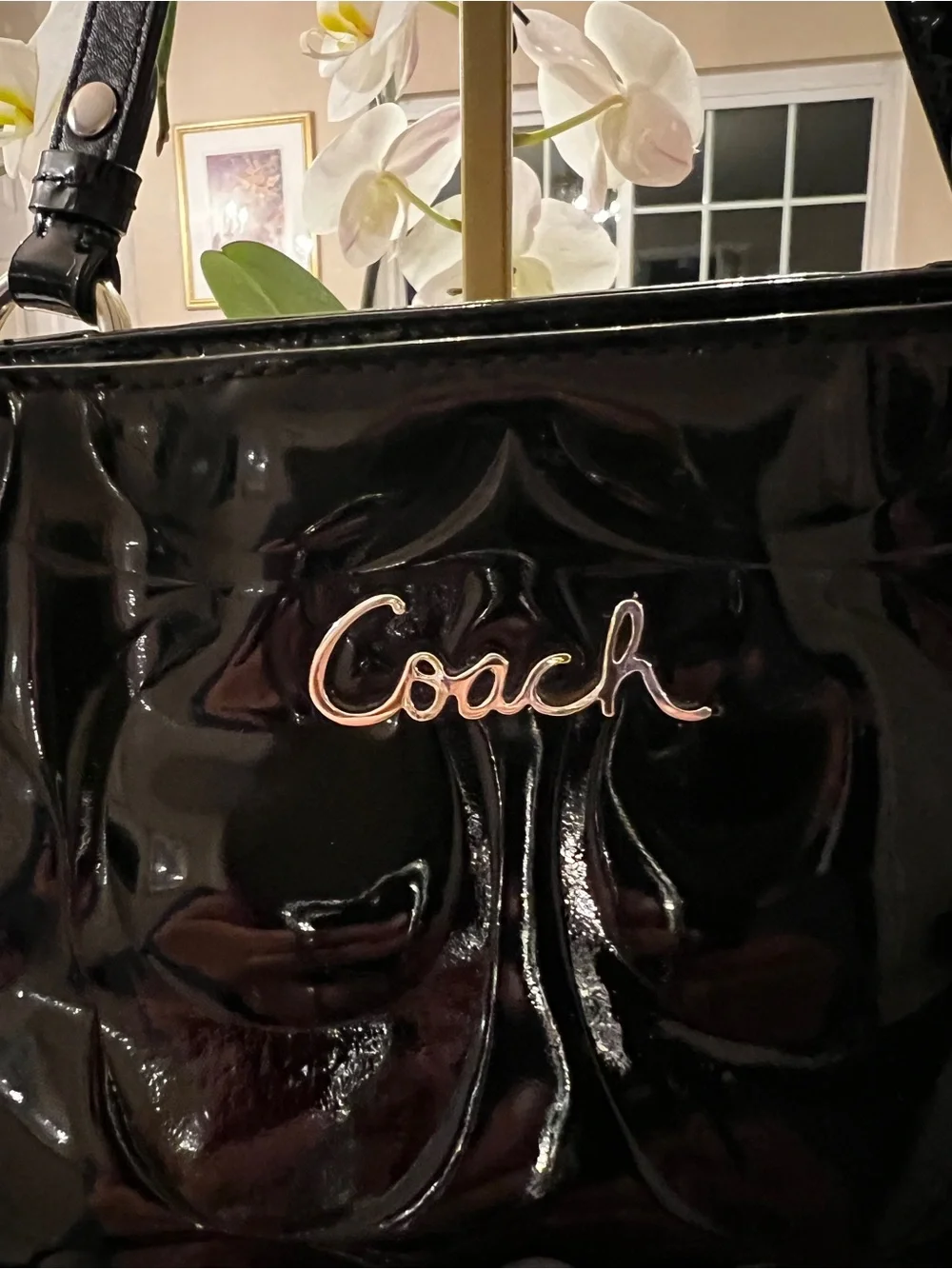 Coach Black Patent Embossed Signature Tote | Glossy Shoulder Bag Silver Hardware